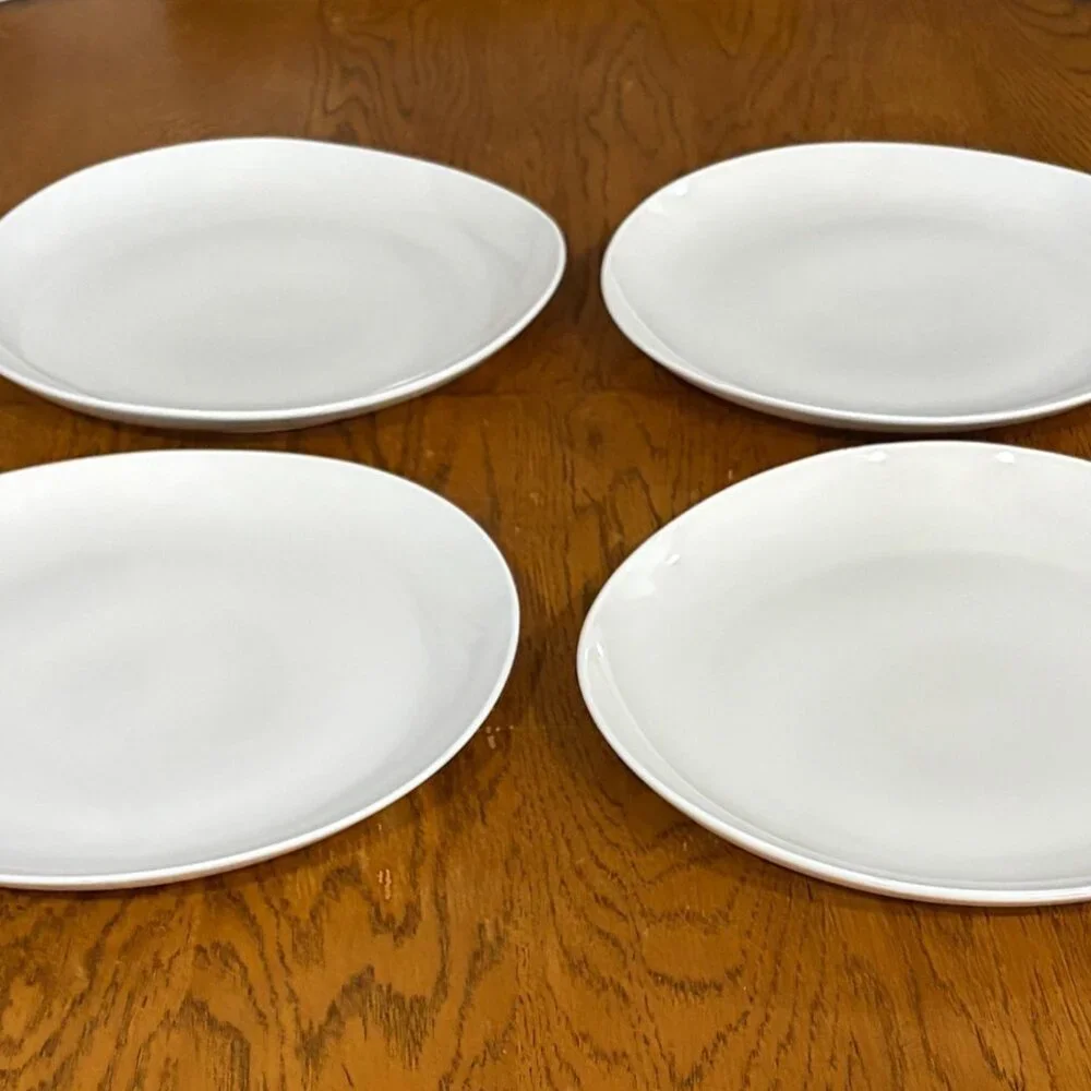 4 West Elm Organic Rim White Porcelain Dinner Plates Wave Curve Modern Minimalis